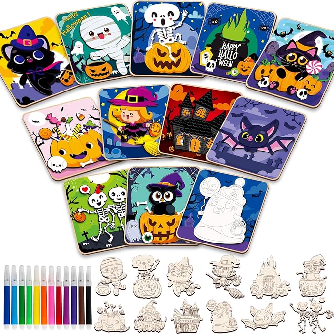 12 Pack Halloween Wooden Puzzles for Toddlers Halloween Puzzles Coloring Craft Kits for Kids Boys Girls Montessori Toys Halloween Party Favors Treat Bag Gifts Educational Learning Jigsaw Puzzle