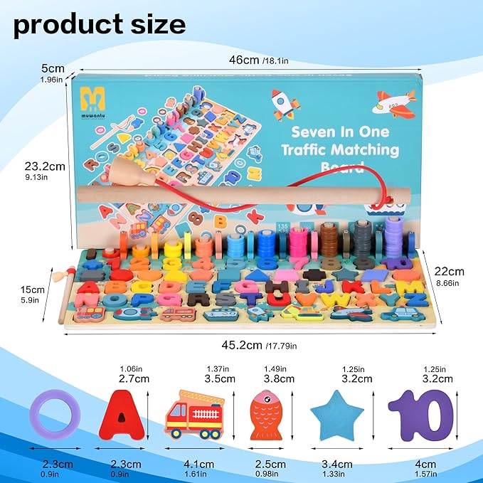 Wooden alphanumeric Shapes Jigsaw Ring Count Classification Toys Math Shapes Building Blocks Toddler Learning Playboard Math Fishing Educational Toys Montessori Educational Toys (color1)