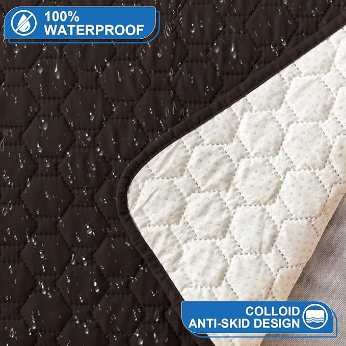 100% Waterproof Recliner Chair Covers That Stay in Place, Non-Slip Recliner Cover with 5 Pockets, Elastic Straps, Washable Reclining Chair Protector for Kids, Pets, Dogs, Chocolate