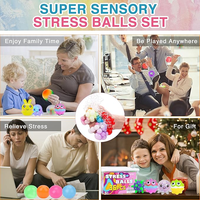 36 Pack Stress Balls, Squishy Balls, Squishy Fidget Stress Relief, Squeeze Ball for Adults Stress Relieve, Prize Box for Friends, Party Favors