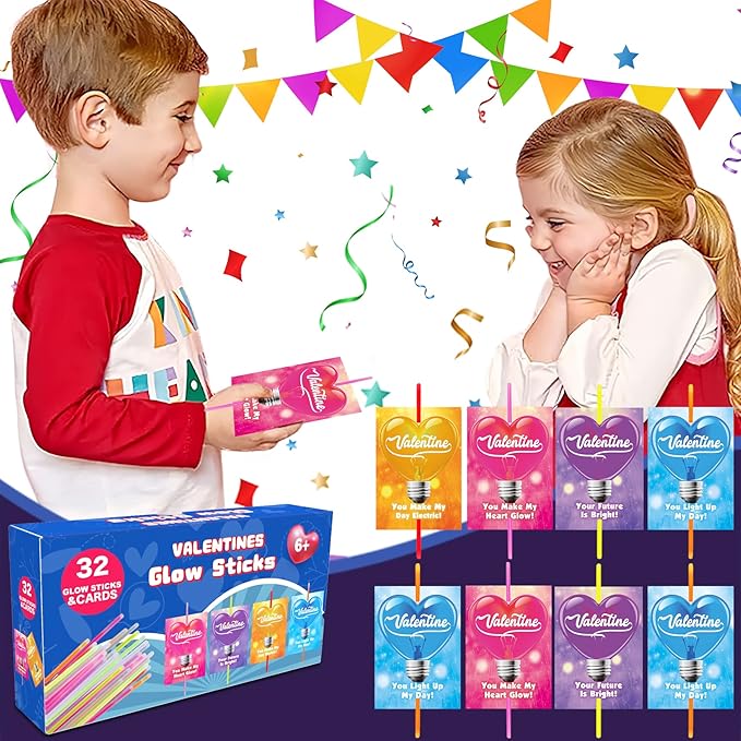 Valentines Day Gifts For Kids, 32 Packs Valentines Glow Sticks Bracelet Valentines Gifts Glow Necklaces for Valentines Day Gifts for Kids School Classroom Exchange Party Favors Supplies