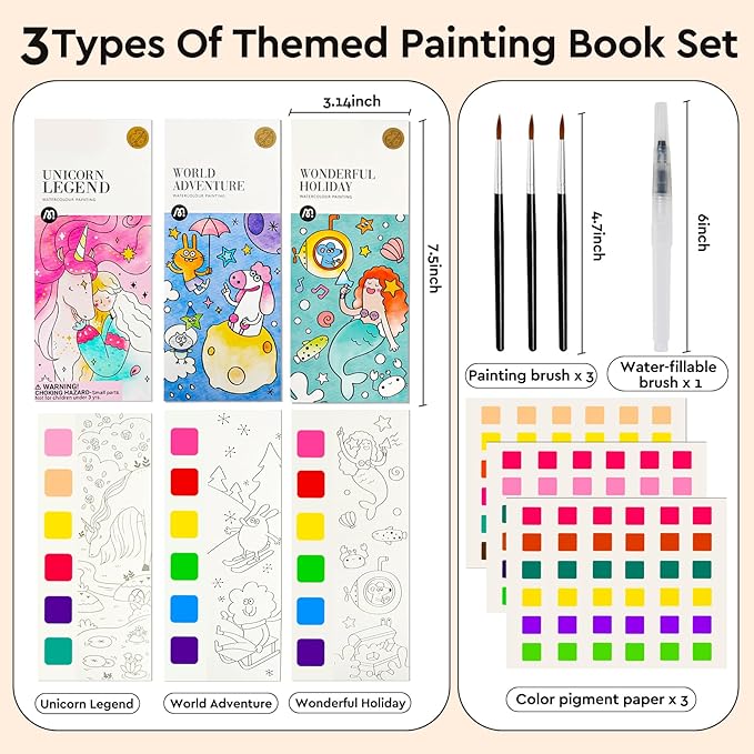 Watercolor Coloring Books for Kids Ages 4-6,8-12,Travel Pocket Water Color Paint Set for Toddlers Party Birthday Thank You Exchange Gift Art and Craft for Boys Girls Ages 3 4 5 6 7 8