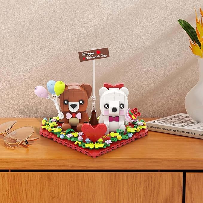 BlockPro Valentine's Day Brown and White Bear Building Set with Rose Bouquet, Love Heart Frame Ornament Building Blocks Set, Valentine's Day Gift for Adults Kids (400PCS)