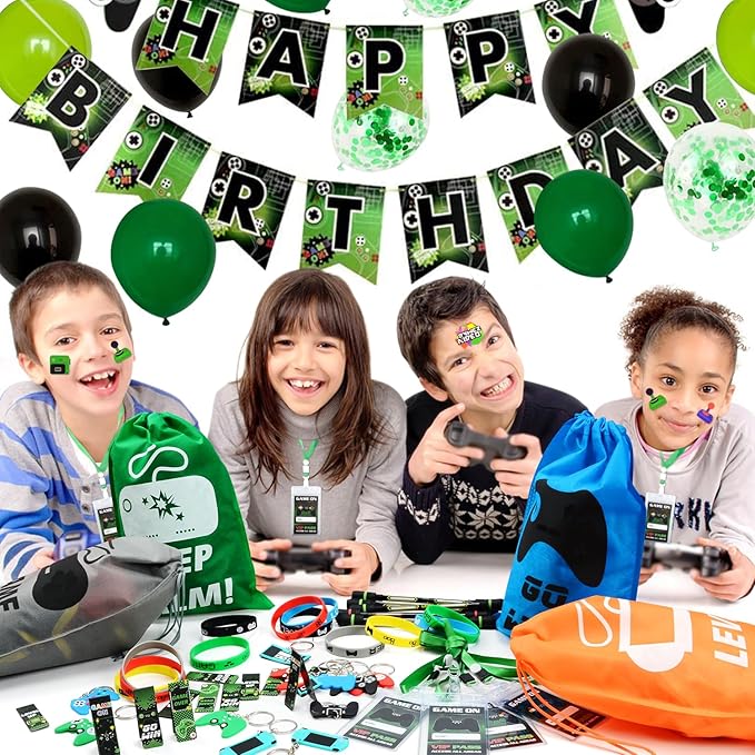 KISPATTI Video Game Party Favors, 124 PCS Gaming Birthday Party Supplies with Drawstring Bags VIP Pass Tickets Keychain Temporary Tattoo Stickers Game Theme Goodie Bag for Kids Gamer