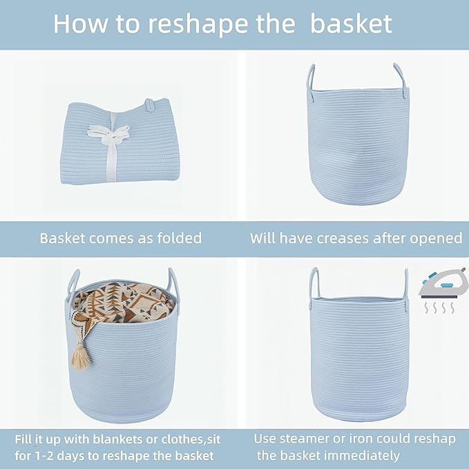 XUANGUO Cotton Rope Laundry Basket Hamper for Clothes Woven Storage Basket for Living Room Bedroom Boho Tall Rope Baskets for Blanket Toys Pillow Towels Baby Nursery Hamper Bin light blue Large