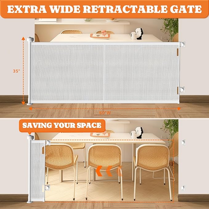 Upgrade Retractable Baby Gates, 35" Tall Extends up to 60" Wide, Mesh Dog Gate Indoor for Stairs, Outdoor Reinforced Pet Gate with Support Rods for Doorways Hallways Kitchen Bedroom, White