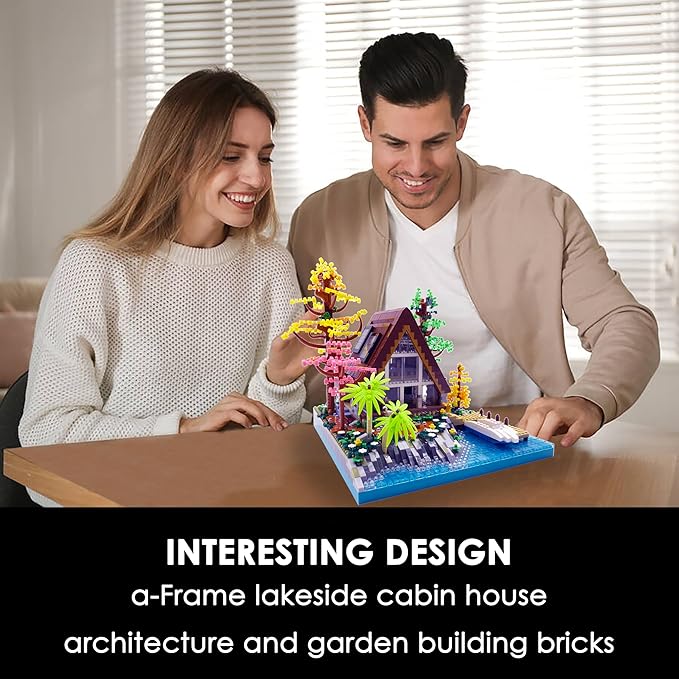 Alizdd Micro Building Blocks Sets,A-Frame Lakeside Cabin House Architecture and Flowers Garden Building Kit for Adults,Cute Toy Building Sets Model,Creative Mini Bricks Gift for Kids 14+,2688 PCS
