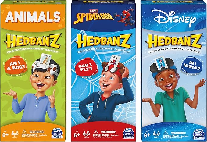 Hedbanz, Picture Guessing Board Game Bundle of Disney, Spiderman, Animals Family Game Night, for Adults & Kids Aged 6 and up
