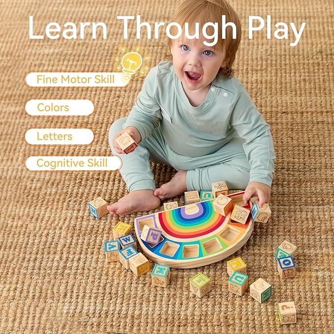 Building Blocks Set Wooden Blocks for Toddlers Rainbow ABC Letter Alphabet Stacking Blocks 26 Pcs Montessori Toys Educational Learning Toys for Kids Age 18 Months for Girls Boys