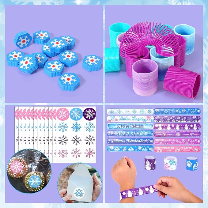 XANGNIER 134 Pcs Frozen Birthday Party Favors Decorations, Winter Frozen Party Supplies with Goodie Bag Snowflake Stickers Heart Ring Erasers Silicone Slap Bracelets Stamp Coil Springs