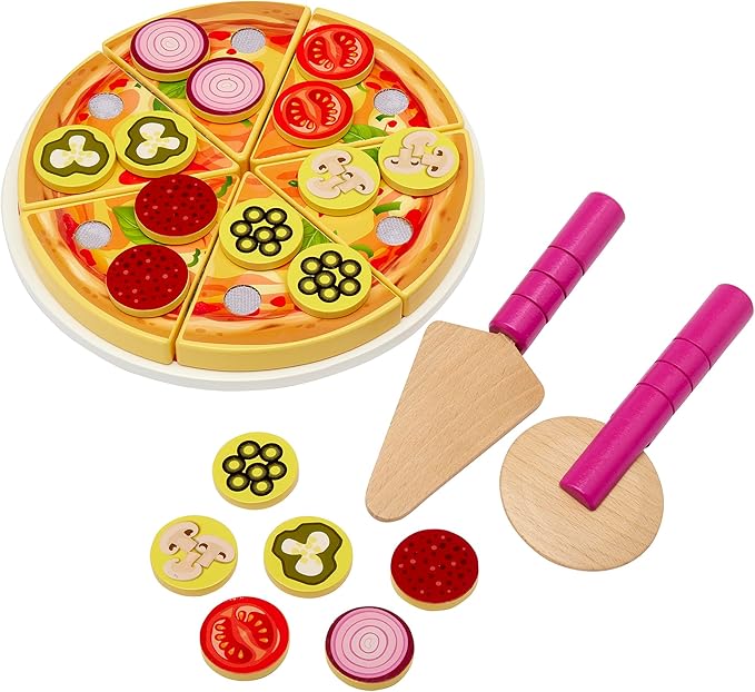 RoseArt Top n' Serve Wood Pizza Parlor Play Set 27pc Pretend Play Kitchen Gift, for Toddlers Ages 3 and Up