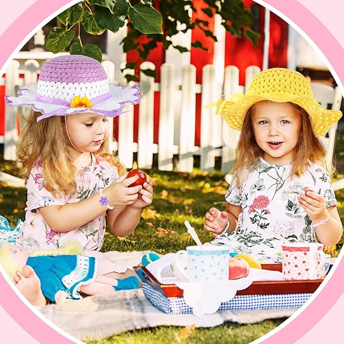 Zhanmai 4 Pcs Christmas Girl Tea Party Hats Straw Hat for Girls Sun Dress up Hats for Kids Toddlers with 4 Pcs Pearl Bracelets for Children Costume Birthday Party Supplies Christmas Beach Travel Gifts