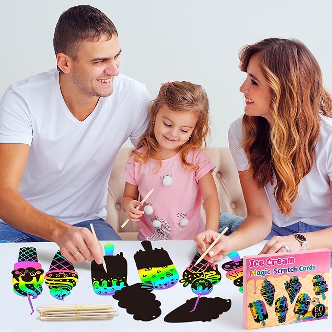 CY2SIDE Ice Cream Scratch Cards - 60PCS Summer Sweet Candy Ornament Scratch Crafts Card Gift Set for Kids Cones Magic Art Rainbow Color Craft Scratch Kit for Kids Birthday Party Favors School Activity