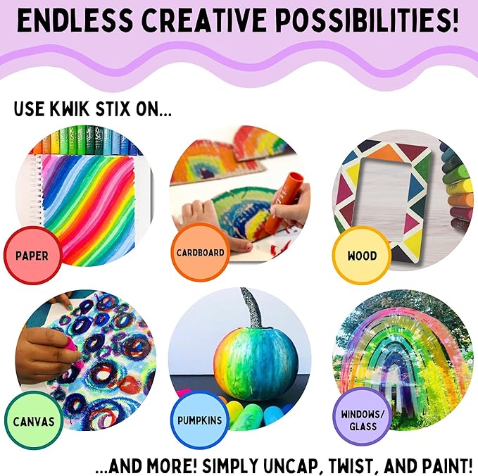 Kwik Stix Solid Tempera Paint Sticks, 12 Colors, Washable Paint Sticks for Kids, Super Quick Drying, Non-Toxic, Allergen Free, Comes in Classic Rainbow Colors, Ideal for Kids and Toddlers