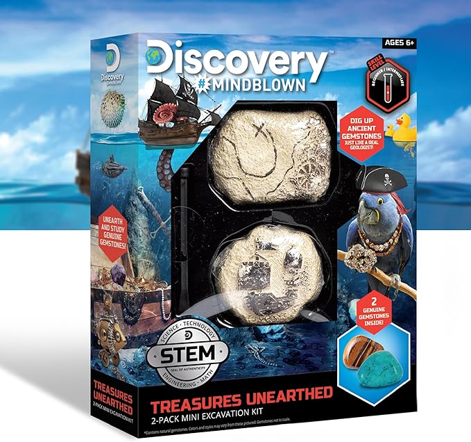 Discovery #MINDBLOWN Mini Unearthed Treasure Set, 2 Pack Excavation Kit w/Chisel, Uncover 2 Gemstones, Interactive Archaeology Geology Paleontology Experiment, Fun & Educational STEM Toy for Kids 6+