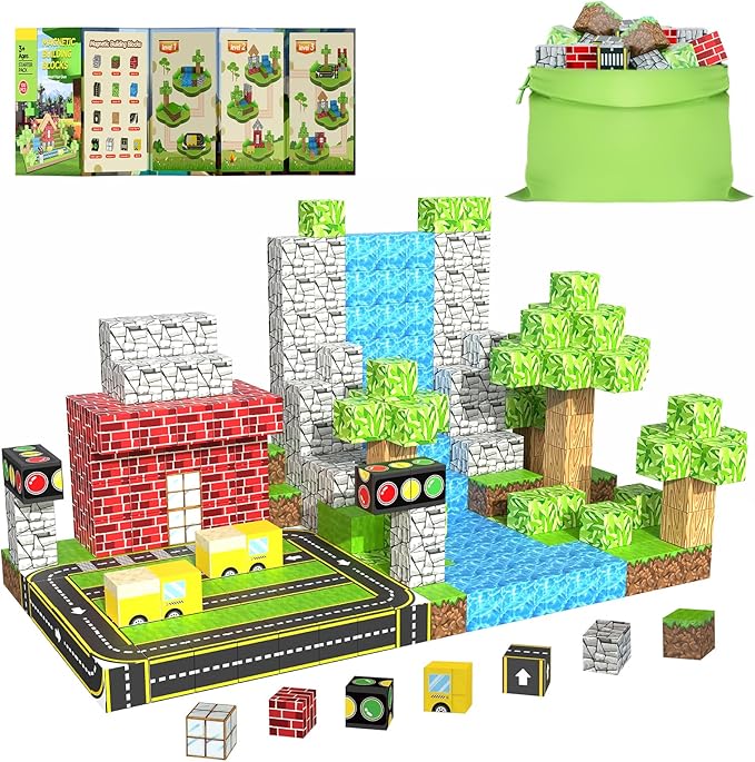 100PCS Magnetic Building Blocks for Kids Ages 4-8,Magnet STEM Sensory Toys- Mine World Build Set,Tiles Road Track,Christmas Birthday Gifts Toy
