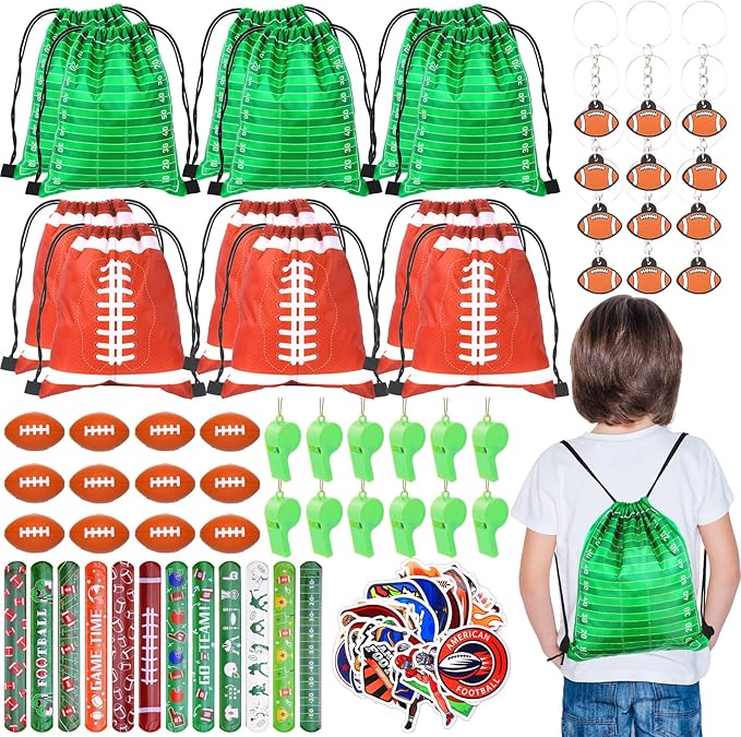 110 Pcs Football Party Favors for Kids 12 Sets Football Party Supplies Drawstring Bag Backpack with Keychains Mini Football Stress Balls Goodie Bag Stickers Toy Presents Gift Set Slaps Bracelets