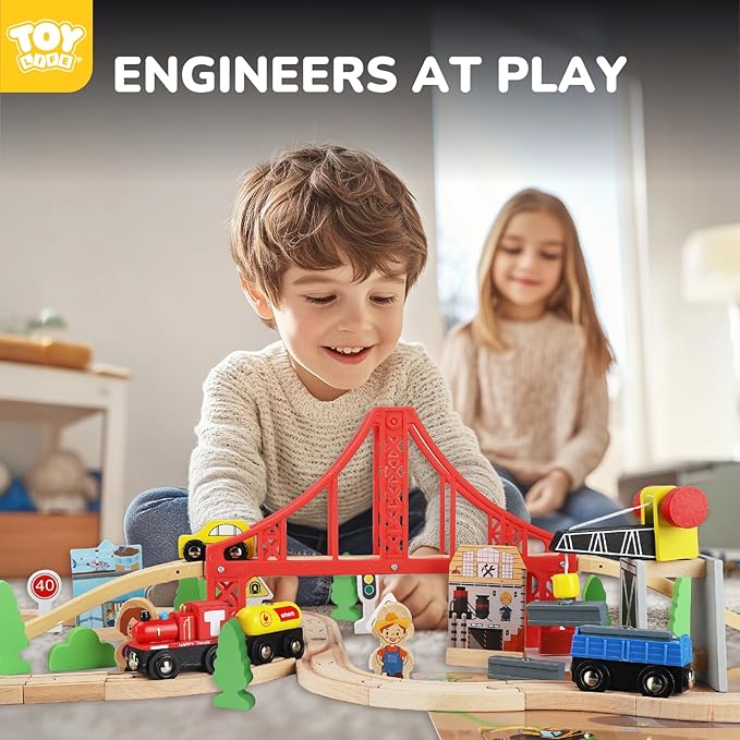 TOY Life Train Set 80pcs Wooden Train Set with Crane, Wooden Train Tracks Toy Train Set for Toddlers 3 4 5, Wooden Toys Toddler Train Set Gift for Kids 4-8, Fits Thomas Brio Melisa Train Track Set