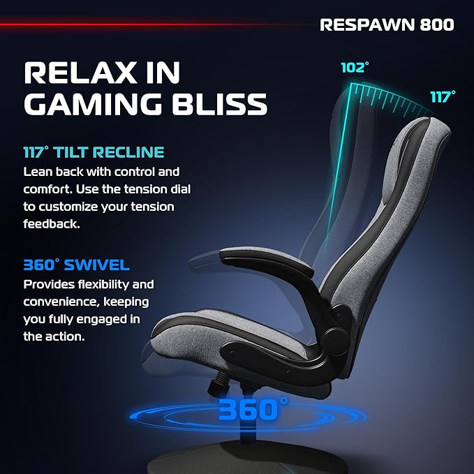 RESPAWN 800 Gaming Chair Floor, Swivel Rocker Gaming Chair, High Back Ergonomic Floor Gaming Chair for Kids and Adults, Gaming Recliner, Floor Rocker Chair with Armrests - Grey Fabric