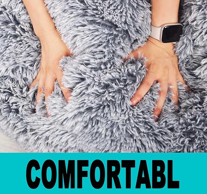 Fluffy Stuffed Animal Storage Bean Bag Chair Cover (No Filler), Faux Fur Comfy Bean Bag Cover for Organizing Plush Toys or Textile, for Adults Teens Kids Girls, Gray