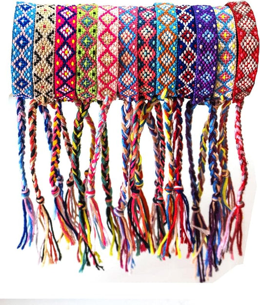 Woven Friendship Bracelets - Adjustable Nepal & Mexico Wave Anklets - 0.45 Inch Width - Diamond-Shaped Design - 12 Colorful Braided Bracelets for Best Friends, Kids, Women, Girls, and Men - Boho Surfer Beach Party VSCO Style