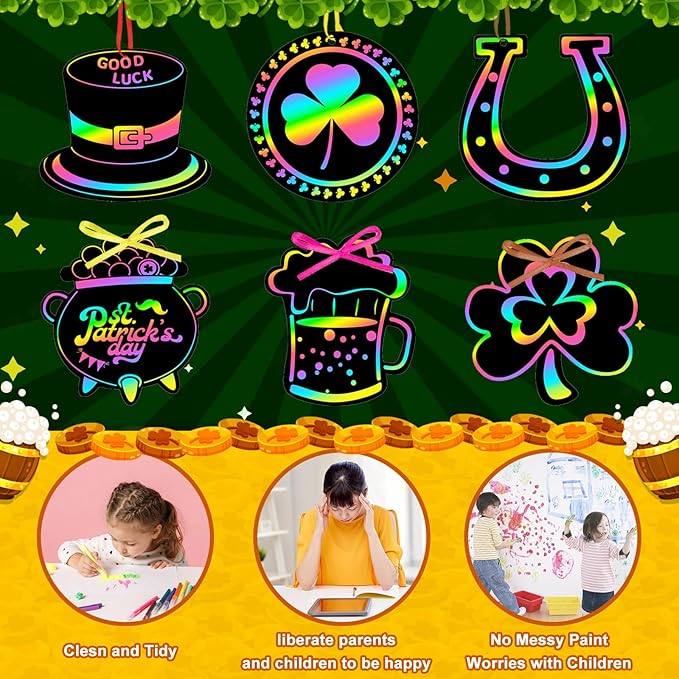 JULMELON 36 PCS St Patricks Day Scratch Art for Kids, St. Patrick’s Day Crafts for Kids Rainbow Color Magic Scratch Paper Cards Shamrock Hanging Ornaments DIY Crafts Decorations Party Favors