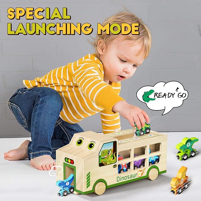 GJZZ Wooden Dinosaur Truck & 10 Magnetic Wooden Dinosaur Train Set | Montessori STEM Toys for Kids 2-5 Years | Toddler Learning Toys, Birthday Gifts for Boys and Girls