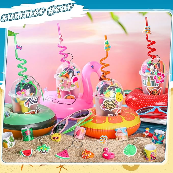 159 Pcs Hawaiian Luau Party Favors Inflatable Drink Holder Float Coaster Set Straws Sunglass Stamper Slap Bracelet Keychain Ring Sticker for Pool Beach/ Hawaiian /Luau /Birthday Decorations