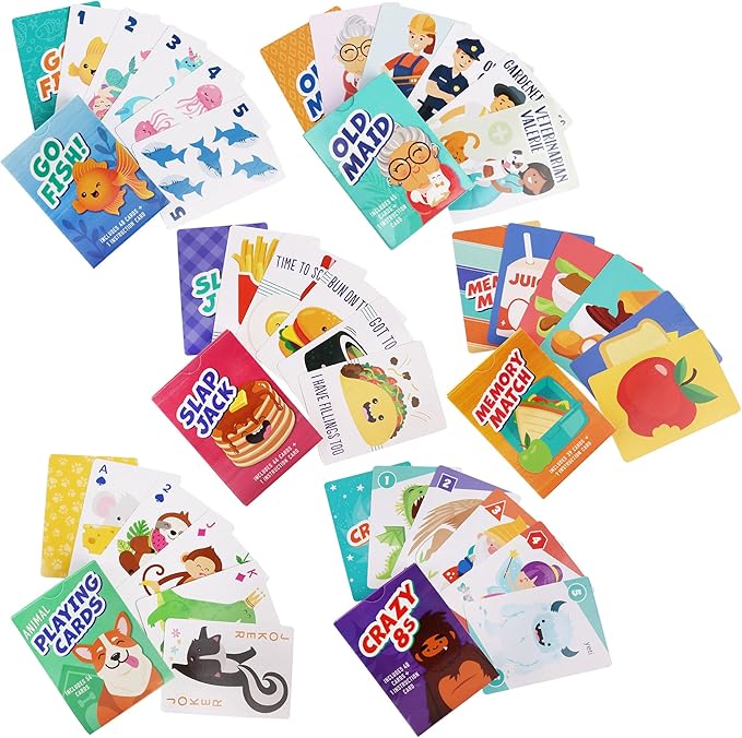 LotFancy Card Games for Kids, 6 Decks, Go Fish, Old Maid, Crazy Eights, Memory Match, Slap Jack, Animal Playing Cards, Easter Basket Stuffers, Stocking Stuffers