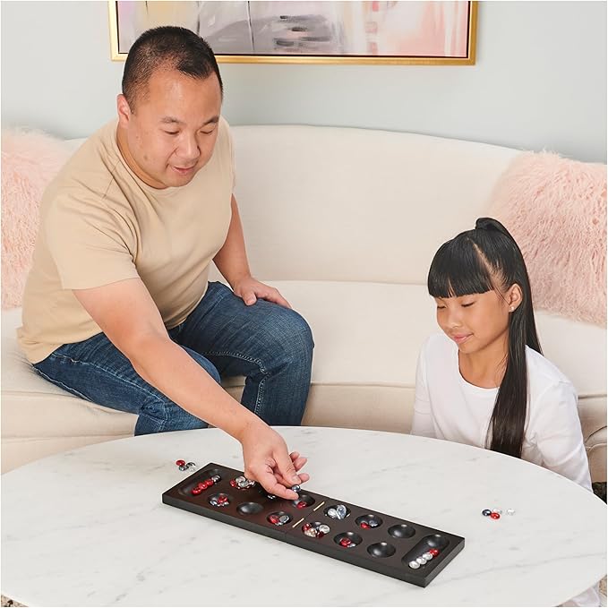 Spin Master Games, Legacy Deluxe Mancala, Classic Game with Folding Wooden Board & Colorful Glass Stones, Family Game, Easter Basket Stuffers, for Ages 8 & Up