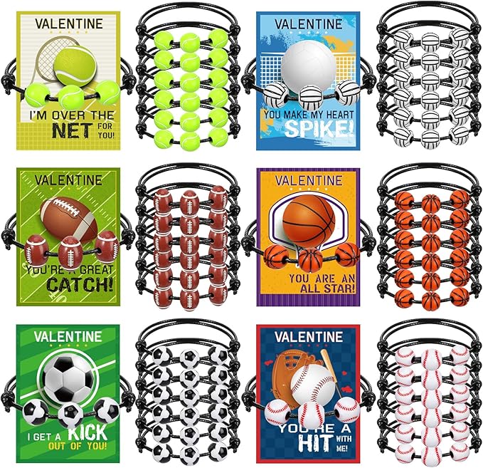 36 Pack Valentines Day Sports Gift Set Include Sports Valentine's Day Cards Adjustable Sport Party Charm Bracelet for Classroom Exchange Prizes Kids Party Favor Teens Adults Sports Team Greeting Favor