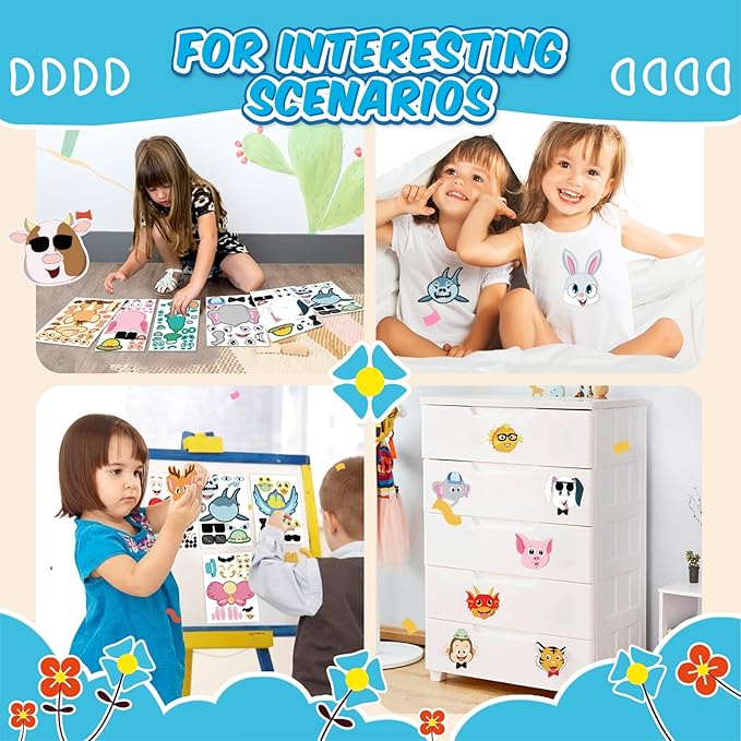 sinceroduct Make a Face Stickers for Kids, 60 PCS Multicolor Animal Decals, Paper Surface, Reusable, for Party Favors, Gifts, Rewards, Art Craft