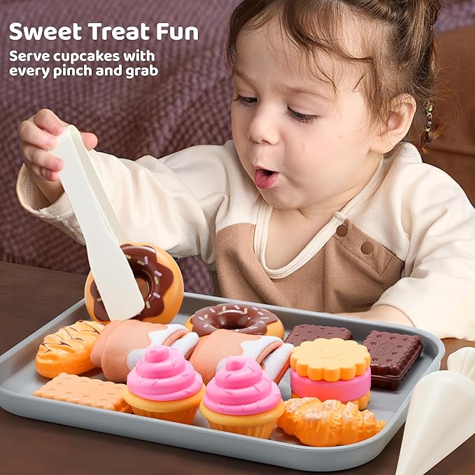 Cookie Play Food Set, Toddler Pretend Toys, 17 PCS Kitchen Toy Food Sets with Plastic Cookies, Baking Menu, Bakery Tray, and Play Money for Boys and Girls, Birthday Gift for Kids