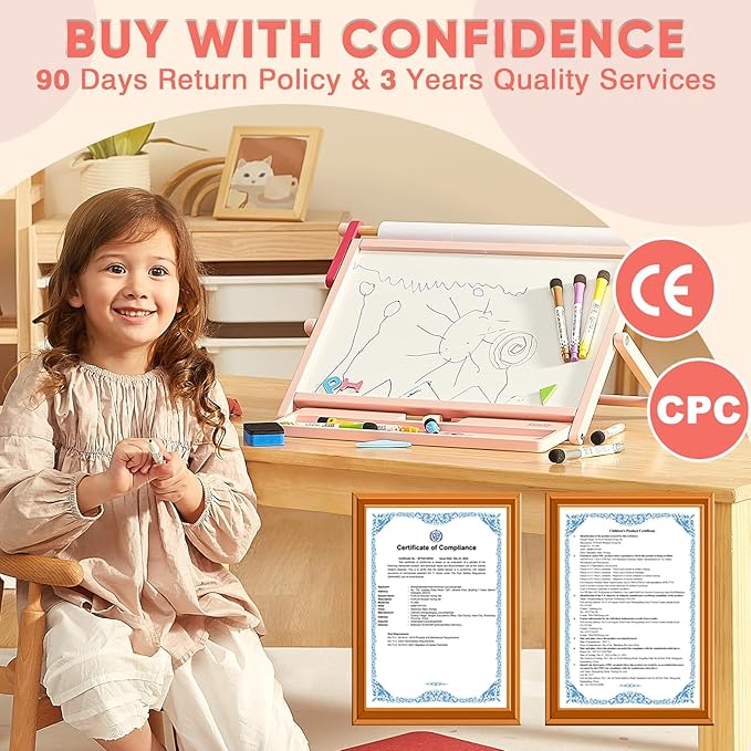FUNLIO Anti-Warping Tabletop Easel for Kids Ages 3+ (100+ Pcs), Wooden Double-Sided Magnetic Table Easel with 3 Adjustable Angles, Kids Easel with Whiteboard, Chalkboard & Paper Roll, Foldable - Pink