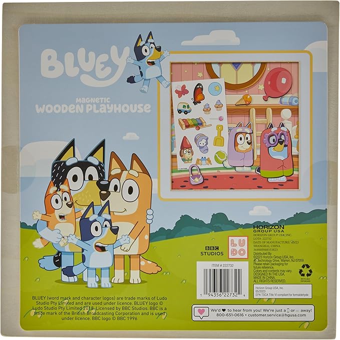 Horizon Group USA Bluey Magnetic Wooden Playhouse, 18 Piece Activity Set, Includes 2 Wooden Dolls House, Great Toys for Kids, Fun Birthday Party Activity, House Playset