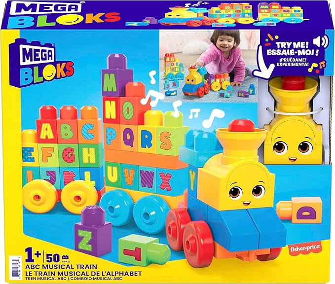 MEGA BLOKS First Builders Toddler Building Blocks Toy Set, ABC Musical Train with 50 Pieces, Music and Sounds, Ages 1+ Years