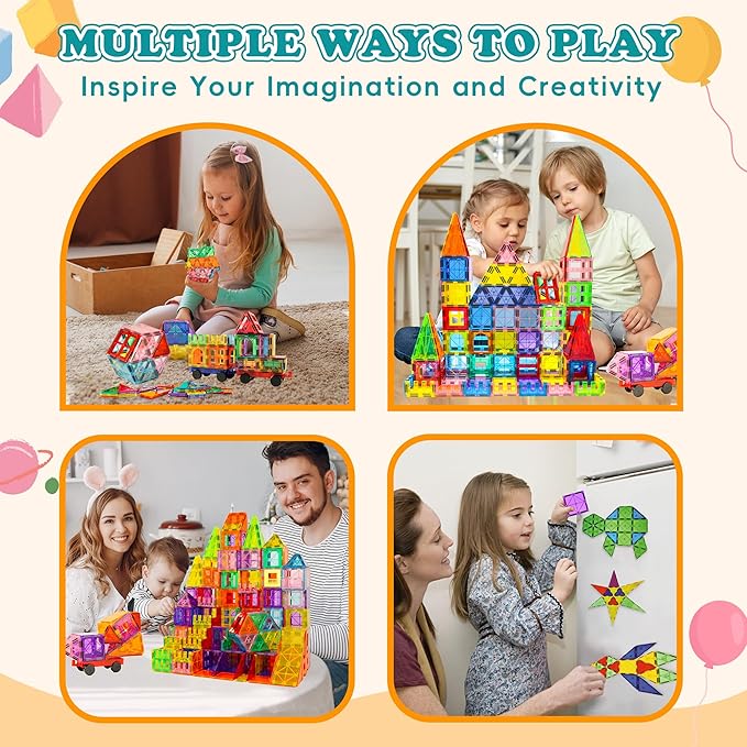 Magnetic Tiles, 136 PCS Magnetic Building Blocks with 2 Cars, Magnet Tiles Construction Building Toys, STEM Sensory Toys Easter Birthday Gifts for Toddlers Kids Boys 3 4 5 6 7 8 9+ Year Old