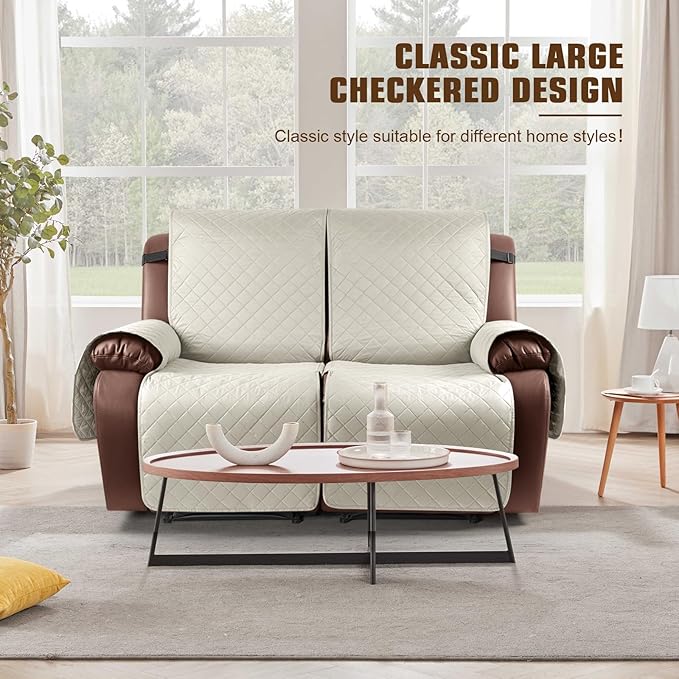 KinCam Waterproof Loveseat Recliner Cover, Non-Slip Reclining Couch Covers for 2 Seat, Recliner Sofa Cover Furniture Protector with Elastic Straps for Kids, Pets, Ivory