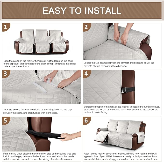 KinCam 100% Waterproof Recliner Sofa Covers, Non-Slip Reclining Couch Covers for 3 Seat, Recliner Couch Cover Furniture Protector with Elastic Straps for Pets, Kids, Beige White
