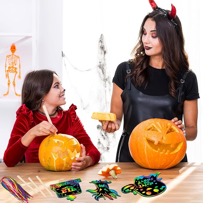 Halloween Scratch Paper Art Set - 48 Pcs Halloween Magic Rainbow Scratch Off Cards for Kids, Pumpkin, Ghost, Witch Hanging Ornaments for Halloween Party Favors Activities(12 Styles)