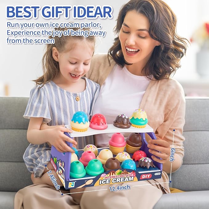 Ice Cream Toy Play Set for Kids, 41Pcs Toddler Ice Cream Shop Cart Truck, Birthday Christmas Easter Toys Gift for 3 4 5 6 Year Old Girl Boy, Pretend Play Grocery Store Kitchen Food Accessories