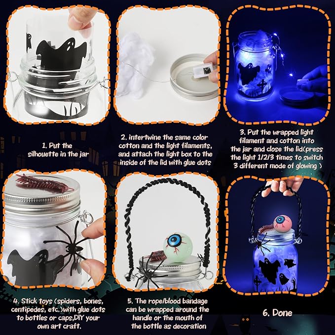Halloween Crafts Activities For Kids Ages 4-12,8 Pack Glass Mason Jar for School Halloween Art Activities,Halloween Craft Supplies,DIY Lantern Jar for Gifts Halloween Party Favors,Classroom Prizes
