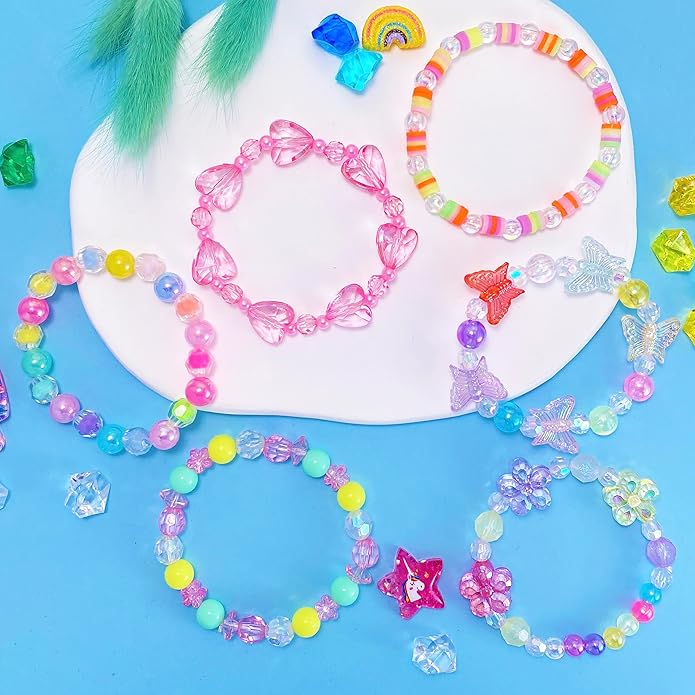 12 PCS Kids Bracelets for Girls Jewelry Little Girl Beaded Bracelets Flower Butterfly LOVE Letter Pink Princess Pretend Play Easter Christmas Birthday Gift