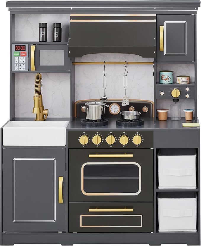 Teamson Kids Little Chef Colonie Play Kitchen Set with Ice Dispenser and Accessories, Gray