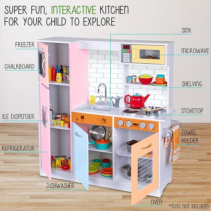 Lil' Jumbl Kids Kitchen Set, Pretend Wooden Play Kitchen, Battery Operated Icemaker & Microwave with Realistic Sound, Pots & Pan Included - Colorful