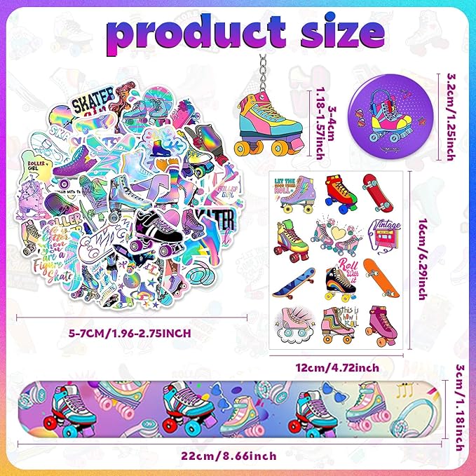Roller Skate Party Favors 98PCS Slap Bracelets, Stickers, Key Chains, Pin Badges and Temporary Tattoos for Kids Boys Girls Throwback 80s 90s Roller Skating Hip Hop Birthday Party Supplies Decorations