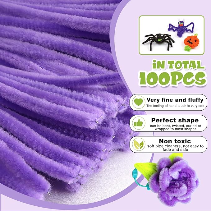 TOAOB 100pcs Pipe Cleaners Light Purple Pipe Cleaners Chenille Stems 6mm x 12 Inch Pipe Cleaners Craft Supplies for Art DIY Crafts Decorations