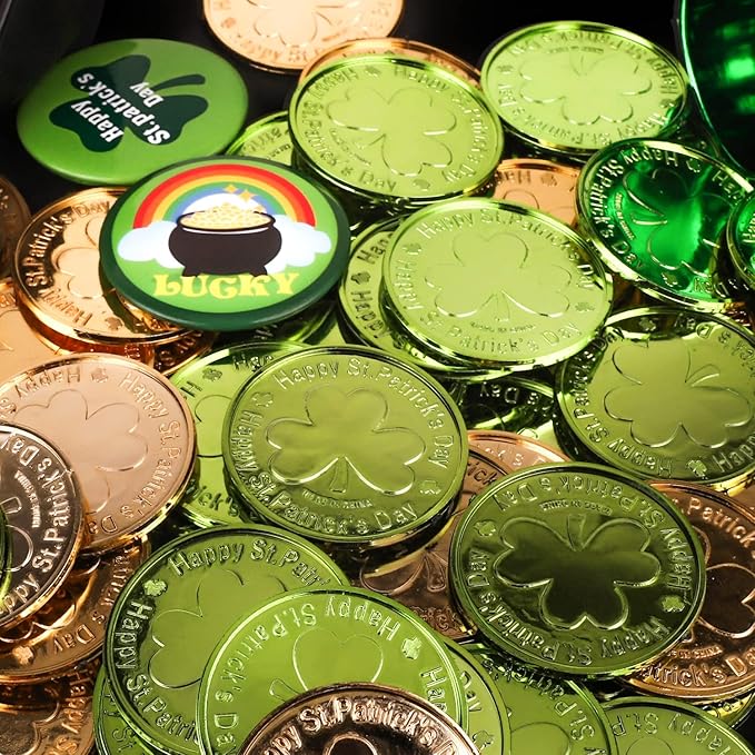 St.Patrick's Day Accessories Set, Saint Patrick Day Accessories Including Necklaces, Green and Gold Coins, Mustache, Rubber Wristbands, Badges, Tattoo Stickers for Irish Day Party Supply