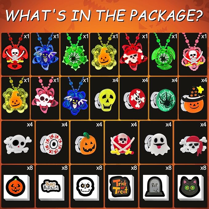 100 PCS Halloween Party Favors for Kids, Halloween Glow in the Dark Toys Rotating Spin Light Up Necklaces, LED Rings Decorations, Halloween Trick or Treats Classroom Goodie Bag Fillers Party Supplies