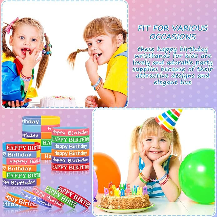 Sratte 120 Pcs Happy Birthday Rubber Bracelets for Kids Stretch Wristbands Bulk Birthday Bracelets for Classroom Student Back to School Gift Teacher Birthday Party Favors Supplies